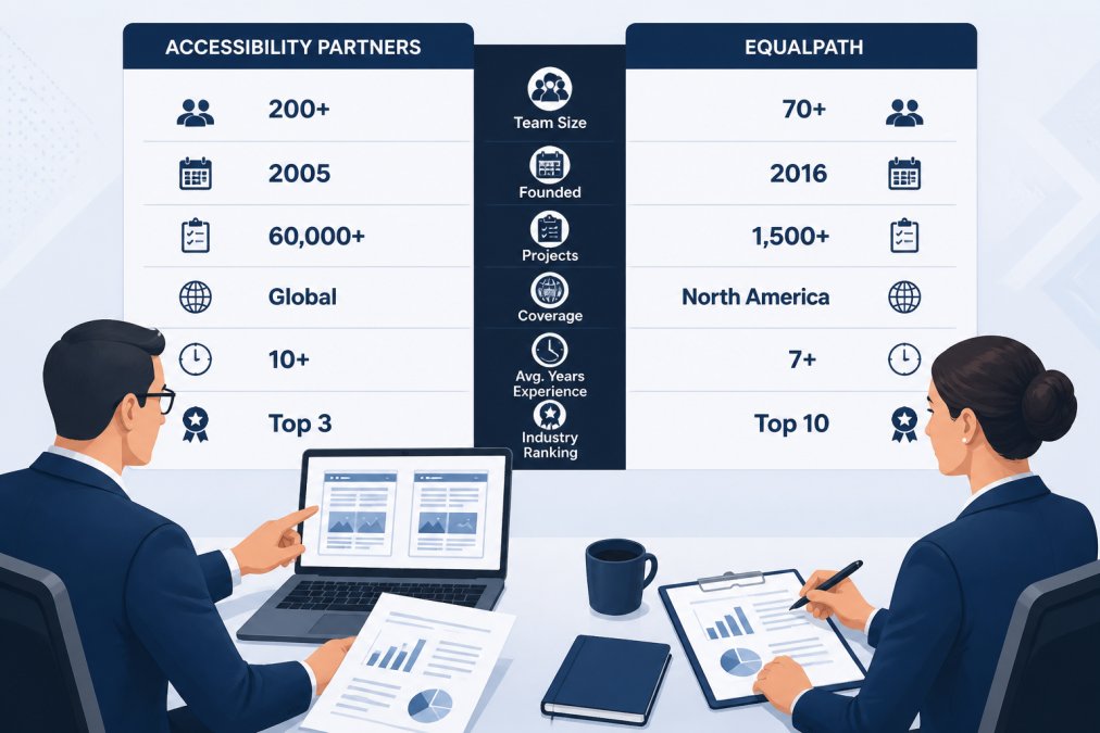 Two business professionals reviewing documents side by side at a modern desk, one pointing at a laptop screen showing website layouts, bright office setting