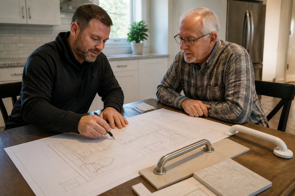 Contractor and senior homeowner reviewing an accessible bathroom design plan and material samples at a table