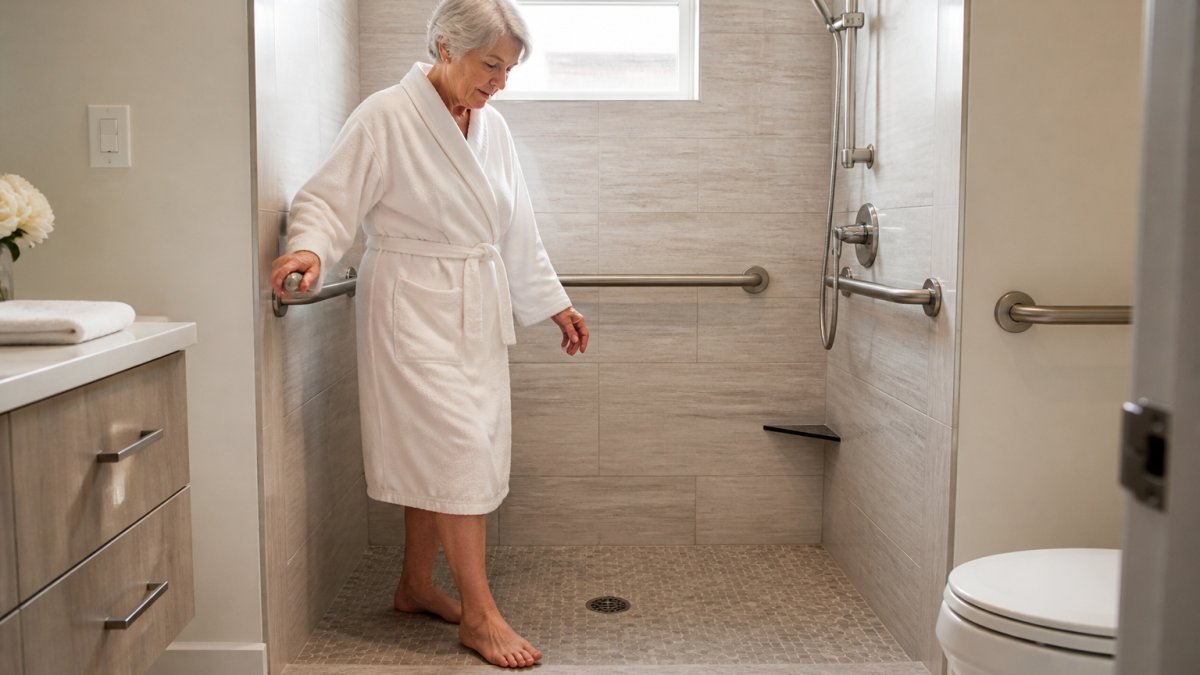 Senior adult safely entering a curbless walk-in shower with grab bars installed on tiled walls, non-slip flooring visible, and a handheld showerhead mounted at accessible height in bright, well-lit modern bathroom