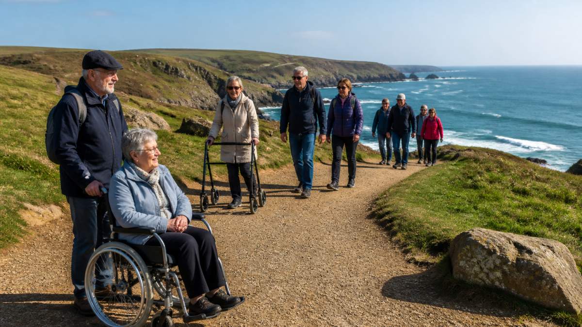 A mixed-ability group enjoying accessible group activities on a sunny South Devon coastal path.