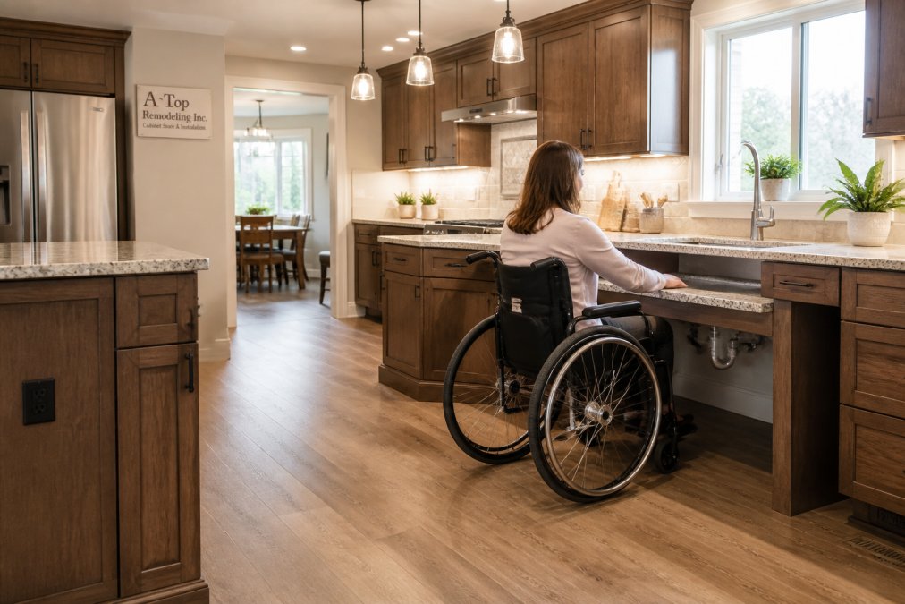 A bright, modern residential kitchen with a roll-under sink, a lowered countertop section, and open floor space wide enough for a wheelchair to turn comfortably; warm wood cabinets, stone countertops, and pendant lighting make the space look like a normal family kitchen