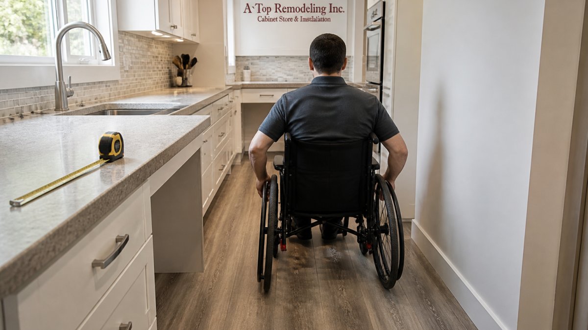 A person in a manual wheelchair rolling through a wide kitchen aisle between an L-shaped counter and a wall, with a tape measure resting on the counter and daylight coming through a window over the sink