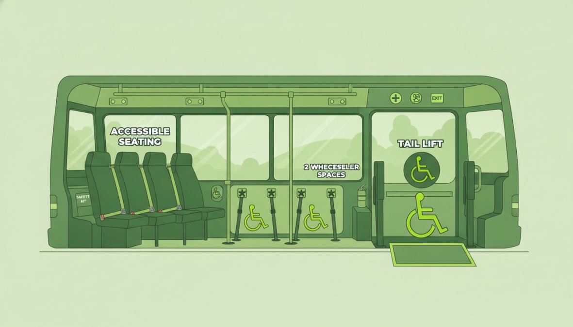Interior view of a modern wheelchair-accessible minibus showing deployed tail lift mechanism, secured wheelchair positions, and spacious cabin with safety grab rails