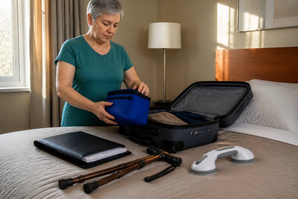 A caregiver arranging travel essentials on a hotel bed, including a soft-sided medication cooler bag, a printed document folder, a folding walking stick, and a small suction grab bar laid beside an open suitcase in warm afternoon light