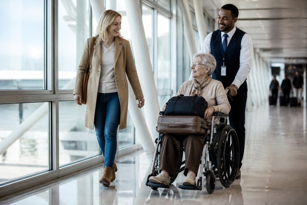 Airport attendant pushing an elderly woman in a wheelchair with her daughter for accessible travel assistance