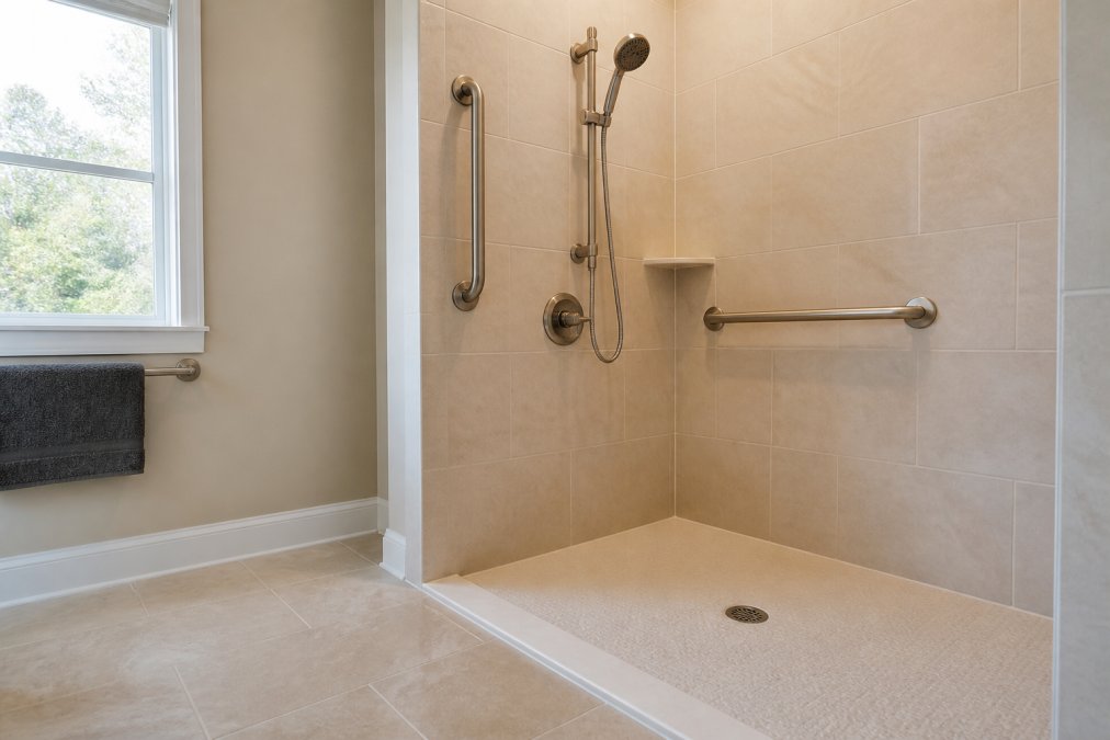Modern accessible bathroom with stainless steel grab bars mounted on tiled walls, non-slip textured flooring in walk-in shower, curbless entrance with minimal threshold, and handheld showerhead mounted at accessible height with natural lighting