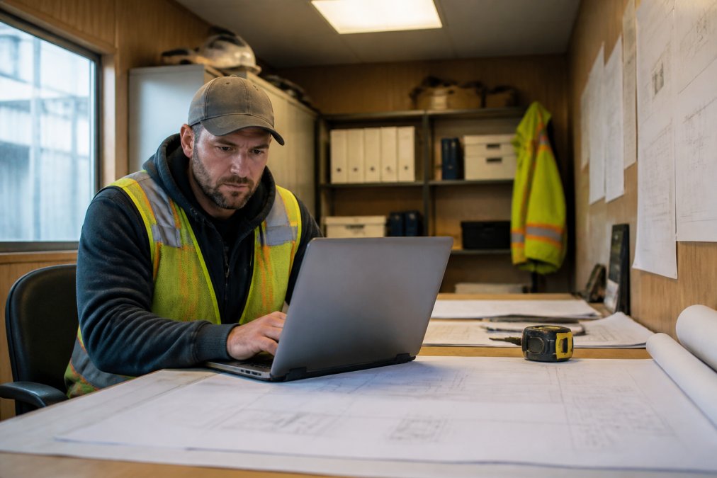 A general contractor at a job site trailer desk reviewing product technical data sheets on a laptop, with construction drawings spread on the table beside them, under warm overhead lighting