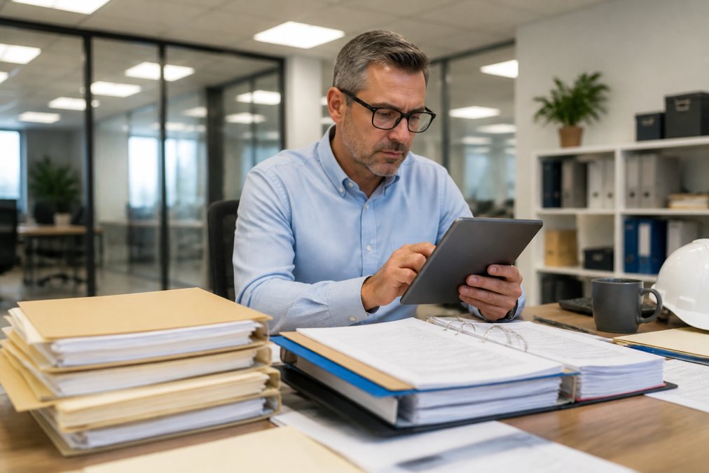 A procurement officer in a modern office using a tablet to browse an online product database, with folders of construction documentation visible on a well-organized desk under bright overhead lighting