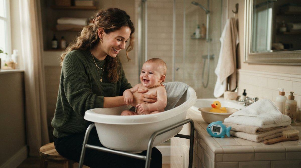 Baignoire ergonomique sur support, transat de bain et thermomètre posés dans une salle de bain lumineuse.