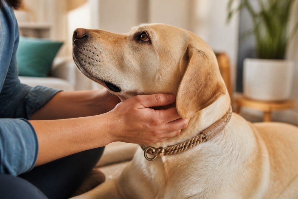 Gros plan sur des mains caressant un chien qui porte un collier en corde naturelle, dans un salon lumineux et chaleureux