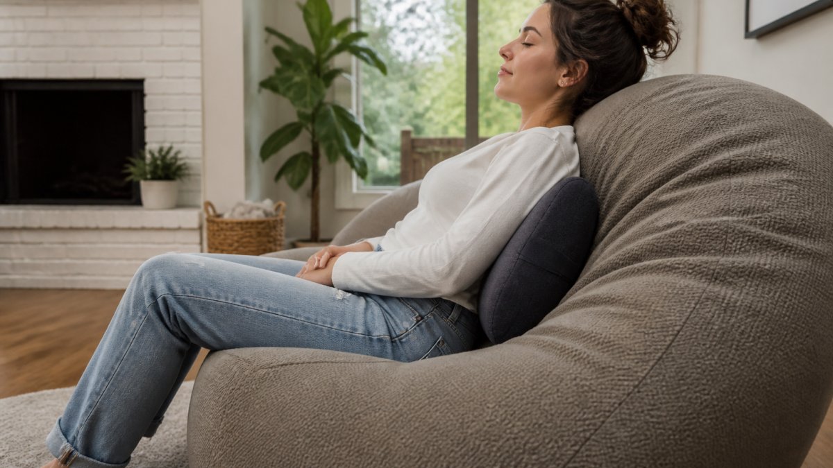 Personne assise confortablement sur un pouf géant avec un coussin de soutien lombaire, montrant une posture correcte et détendue dans un salon lumineux