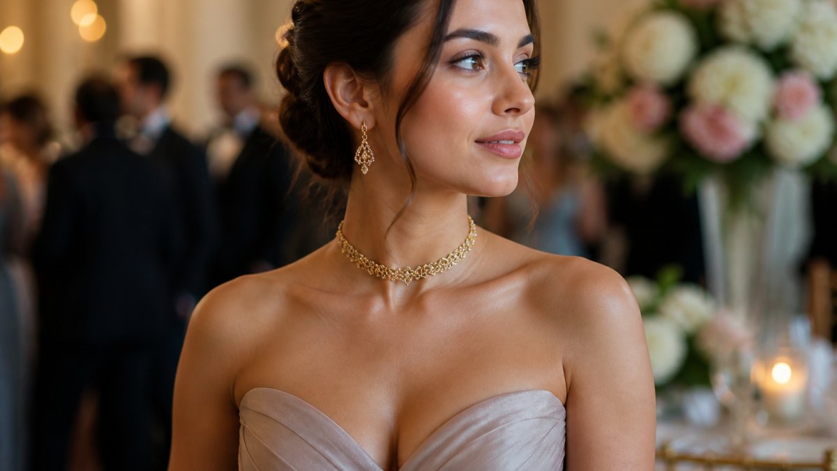 Diagram showing how to pair gold necklaces and earrings with different evening gown necklines