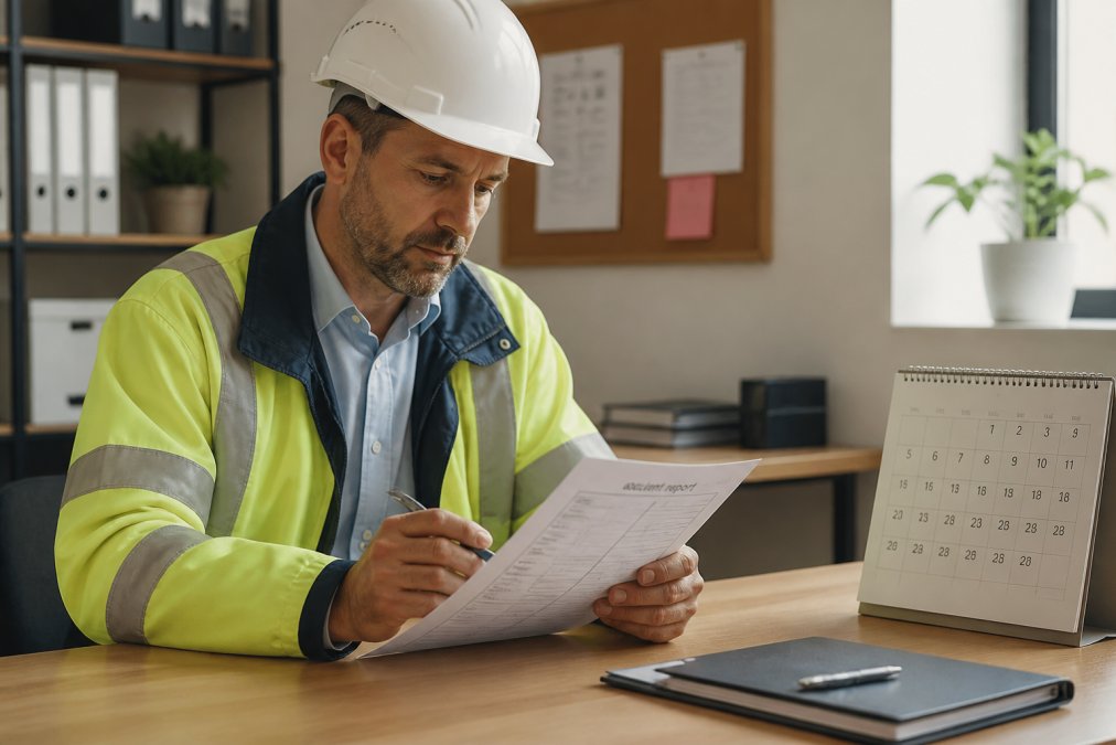 Worker in safety helmet reviewing accident report document at desk with calendar showing dates in background, modern office lighting