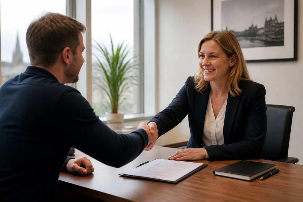 Solicitor and client shaking hands across desk in modern office with contract documents visible, representing professional legal consultation with natural lighting