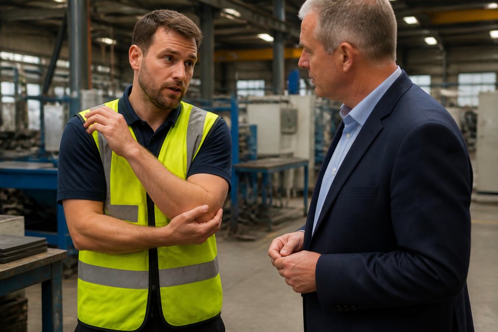 A worker in high-visibility clothing speaking with a manager in an industrial setting, gesturing to their arm as if explaining an injury, with natural factory lighting