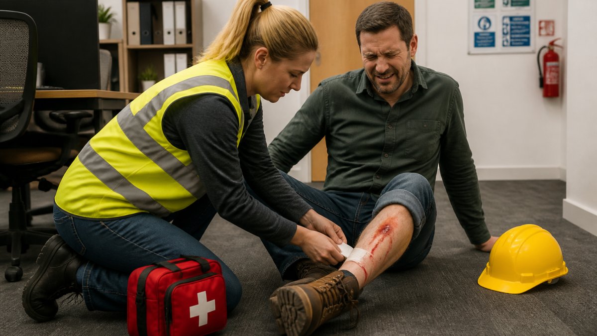 Workplace first aid scenario showing a colleague providing assistance to an injured worker in an office environment with safety posters visible on walls