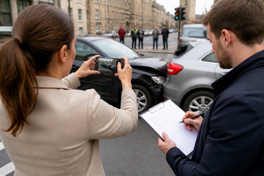 Person taking photographs of accident scene with smartphone, clipboard with notes visible, professional documentation in progress