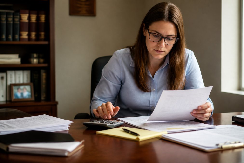 Person reviewing settlement documents and financial statements at a desk with a calculator and notepad, natural office lighting