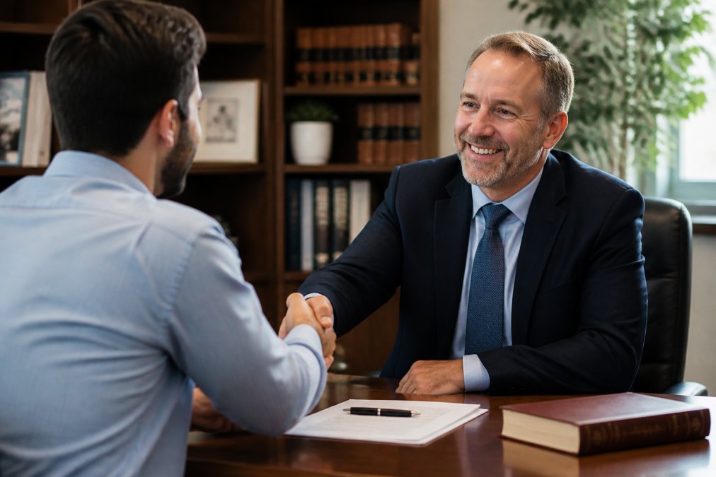 Attorney and client shaking hands in a professional office setting, conveying trust and agreement