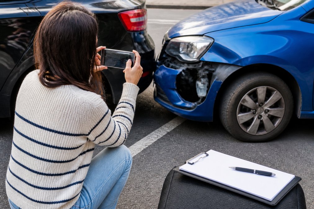 Person photographing accident scene damage on a mobile phone, with notebook and pen for recording details on a clipboard nearby, in natural daylight at street level