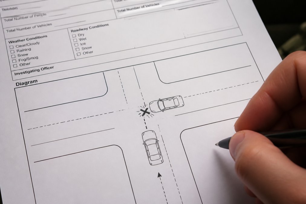 Collision diagram on an accident report form detailing vehicle positions and impact points using accident report codes