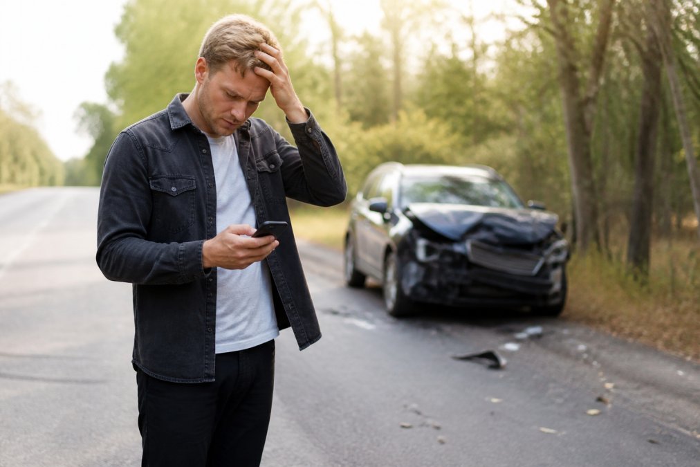 A driver standing safely outside a damaged vehicle on a quiet regional road, checking their phone while assessing the accident scene with a damaged car visible in the background