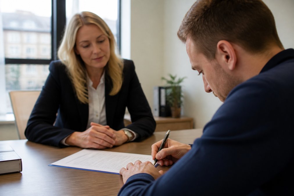 Close-up of hands signing legal documents on desk with personal injury solicitor present in background, modern office setting with natural lighting