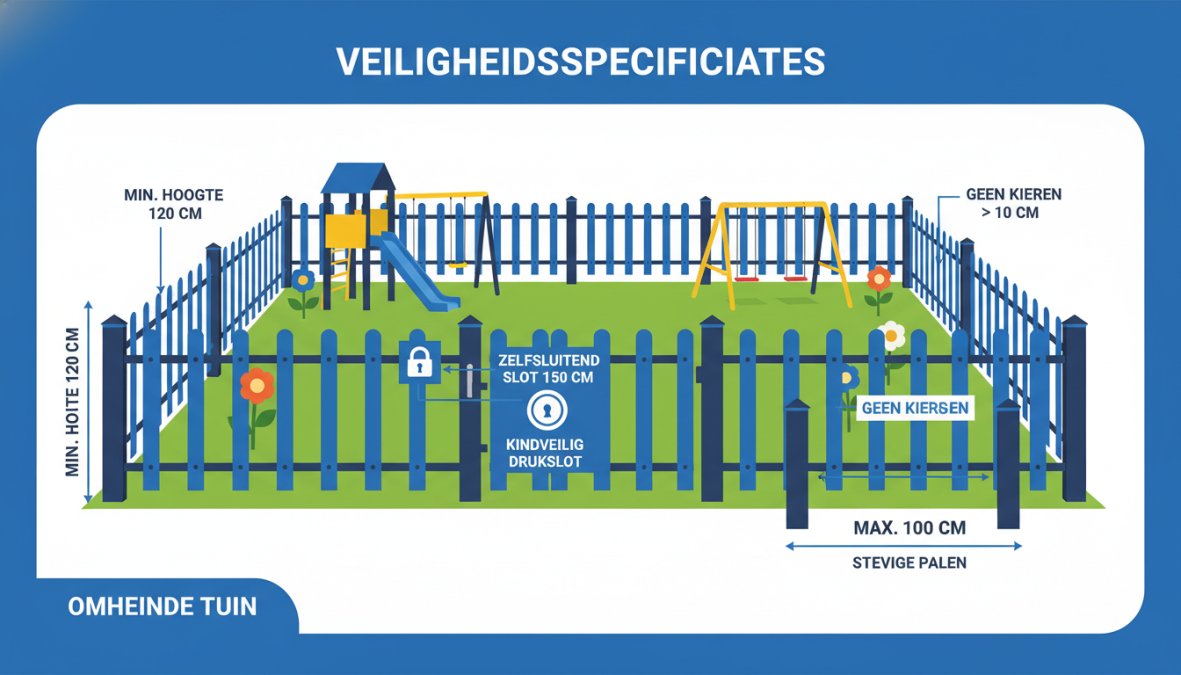 Diagram van een ideale omheinde tuin met gelabelde veiligheidskenmerken: minimale hoogte 120cm, zelfsluitend slot op 150cm hoogte, geen kieren groter dan 10cm, stevige palen op maximaal 100cm tussenafstand, kindveilig drukslot