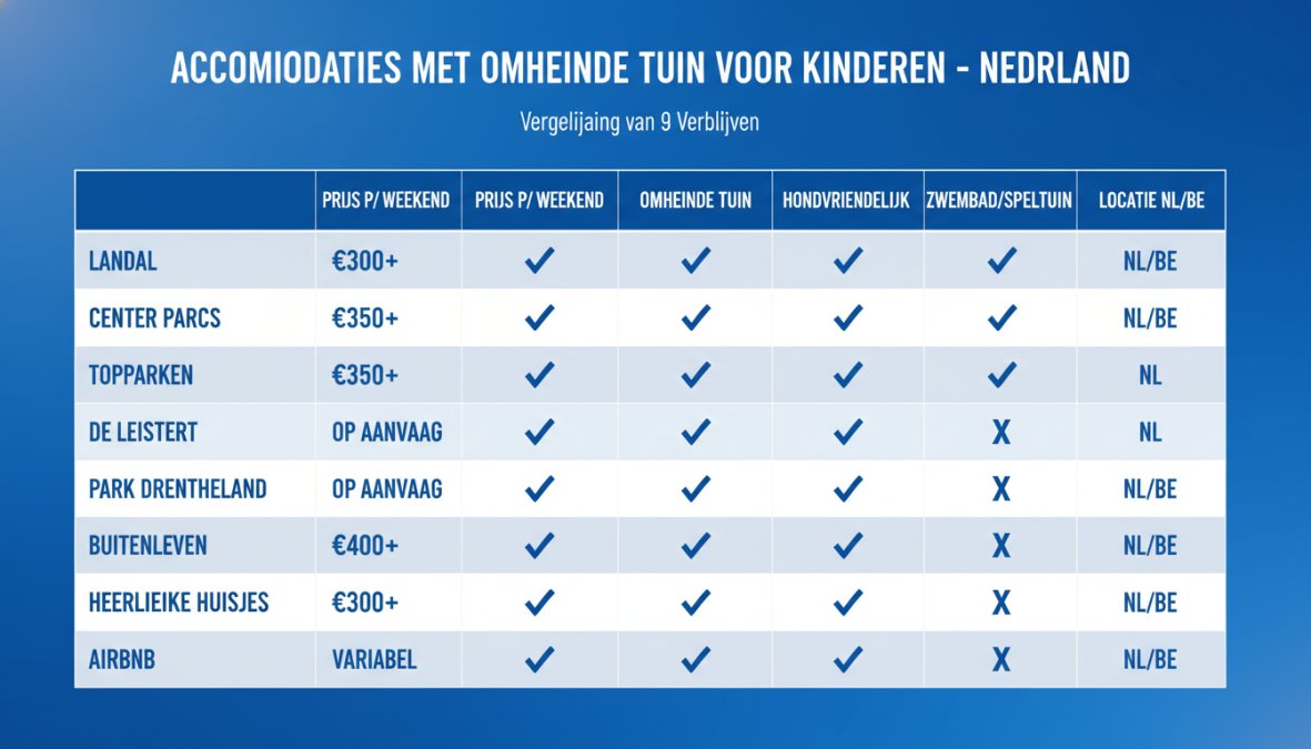 Vergelijkingsmatrix van 9 accommodaties: Landal vanaf 300 euro, Center Parcs vanaf 350 euro, TopParken vanaf 350 euro, De Leistert op aanvraag, Park Drentheland op aanvraag, Buitenleven vanaf 400 euro, Dormio op aanvraag, Heerlijke Huisjes vanaf 300 euro, Airbnb variabel; kolommen: prijs per weekend, omheinde tuin, hondvriendelijk, zwembad/speeltuin, locatie NL/BE