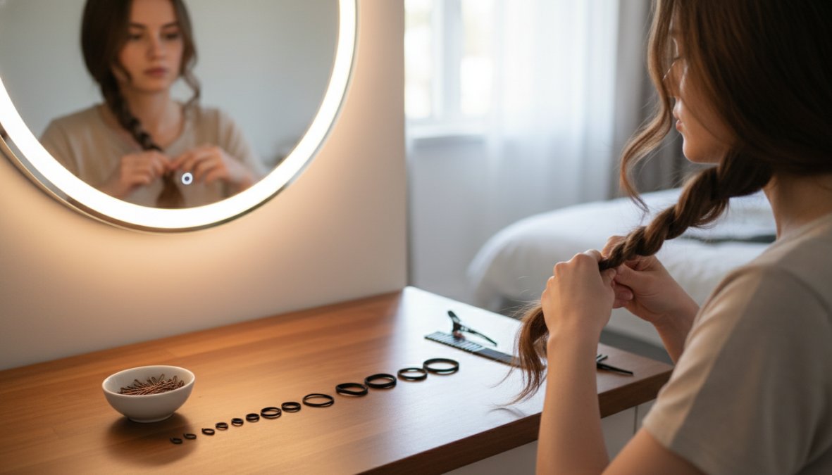Giovane donna con capelli lunghi castani che realizza una treccia laterale davanti a uno specchio illuminato, con forcine colorate e elastici posati sul ripiano di marmo, luce naturale dalla finestra