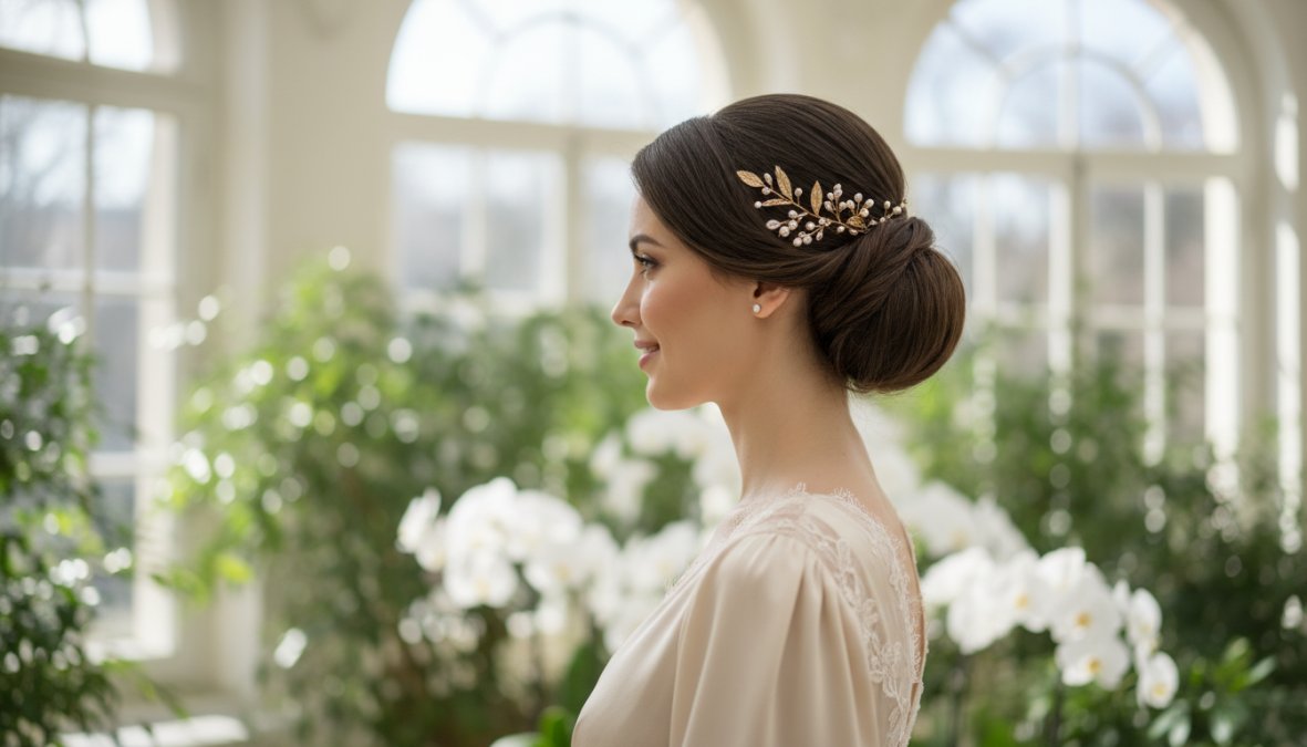 Donna elegante con chignon basso e forcine dorate nei capelli lunghi castano scuro, vestita con abito da cerimonia color avorio, ripresa di profilo in un salone illuminato da luce calda laterale