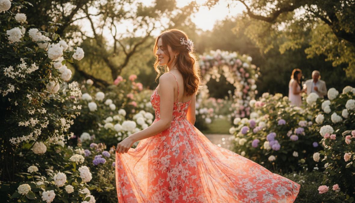 Donna elegante con capelli medi castani in un semiraccolto morbido con onde, indossa un abito da cerimonia color champagne in un giardino fiorito illuminato da luce solare pomeridiana