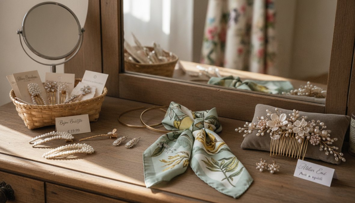 Primo piano di diversi accessori per capelli da cerimonia disposti su una superficie in marmo bianco: fermagli con strass, pettini decorati con perle, forcine dorate e uno scrunchie in raso color avorio, illuminati da luce naturale laterale
