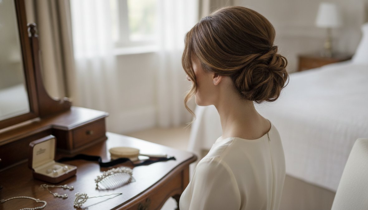 Close-up of a woman with fine hair styled in an elegant voluminous chignon, with soft face-framing strands falling naturally around her face, photographed in warm golden studio lighting against a soft neutral beige background