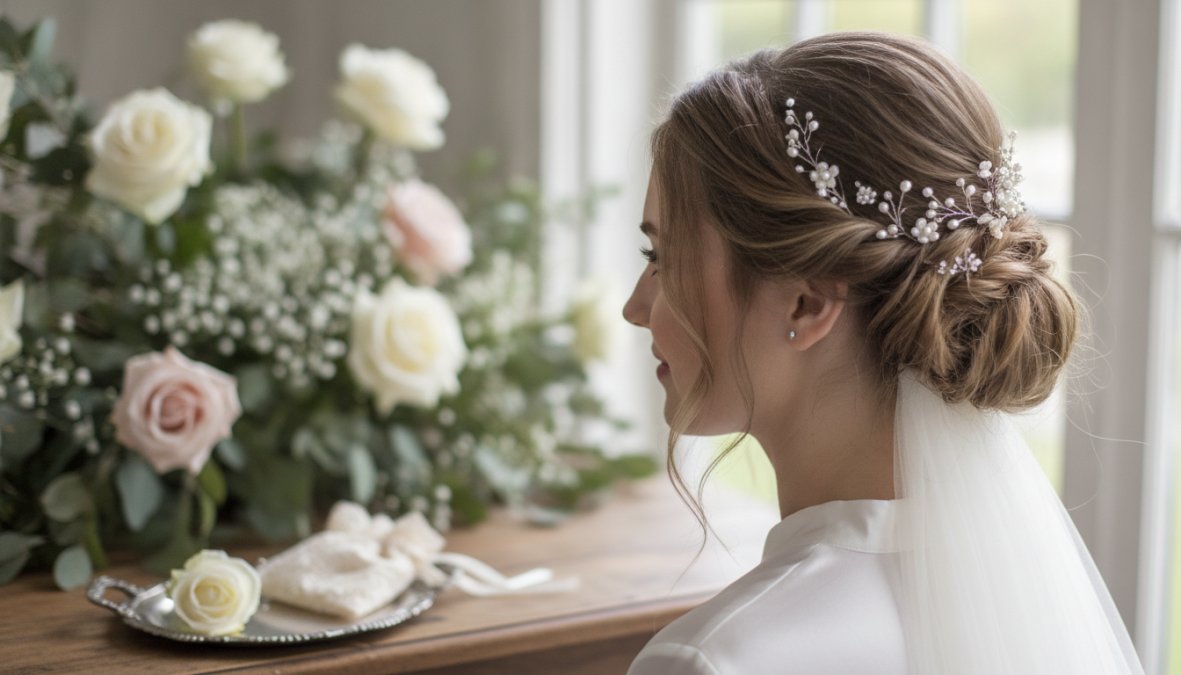A bride with fine hair wearing a romantic updo with delicate pearl hair pins and soft wavy face-framing pieces falling around her cheekbones, photographed in soft natural window light with a blurred garden floral background in pale pink and white tones