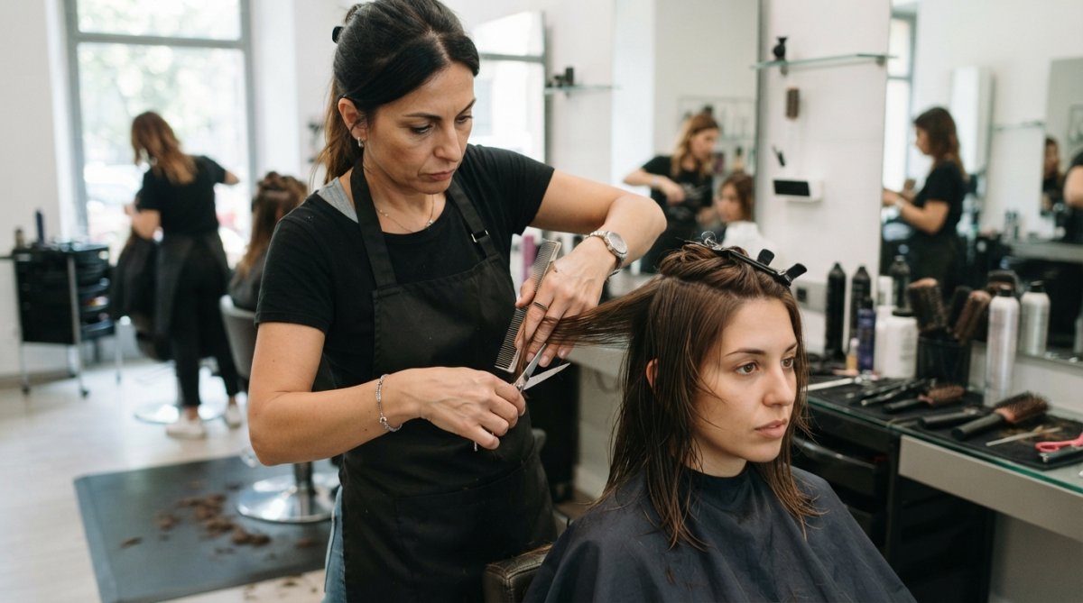 Professionista che prepara i capelli con spazzola e prodotto, applicando uno spray volumizzante su capelli umidi su sfondo neutro con specchio