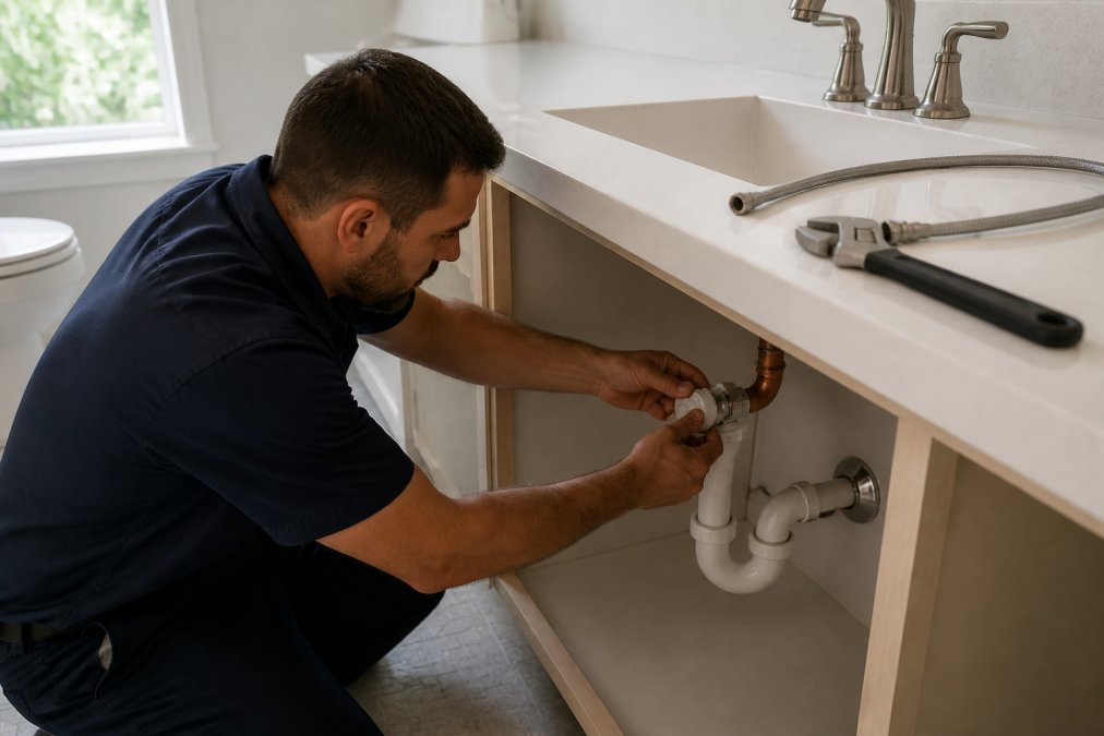 Technician installing a white push-fit angle stop valve onto a copper supply pipe under a bathroom sink