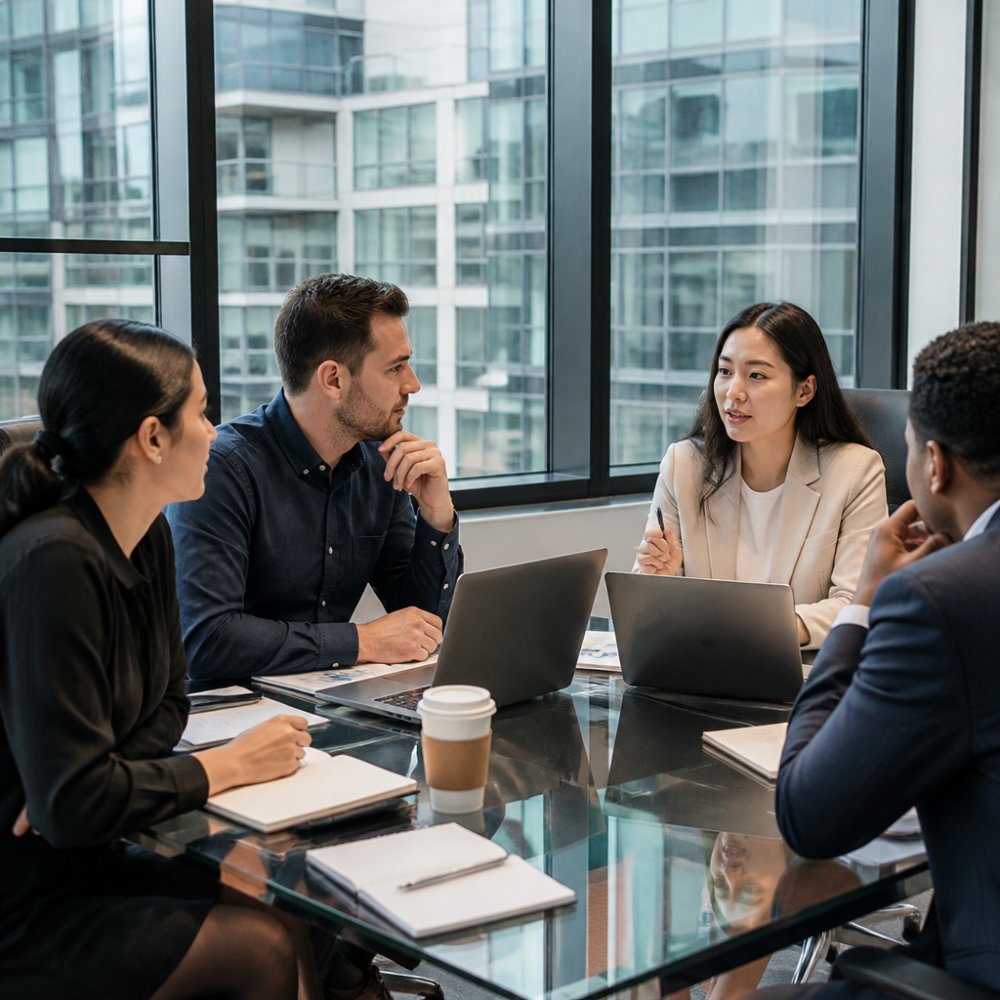 Diverse B2B sales team collaborating in modern office, reviewing prospect data on multiple screens and discussing strategy around a glass table with notepads and coffee, natural daylight from large windows