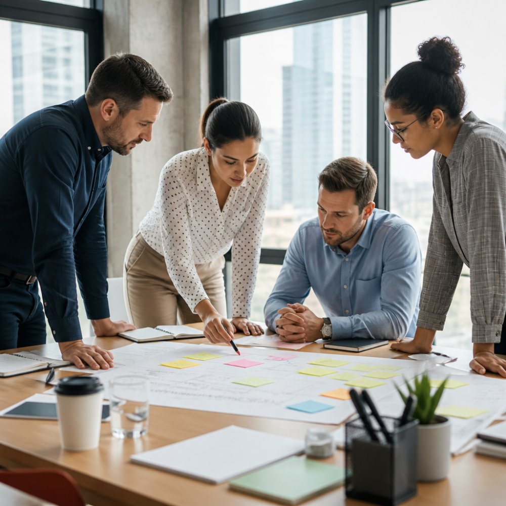 Sales team members collaborating around a table with printed stakeholder maps and notes, discussing account strategy in a bright modern office
