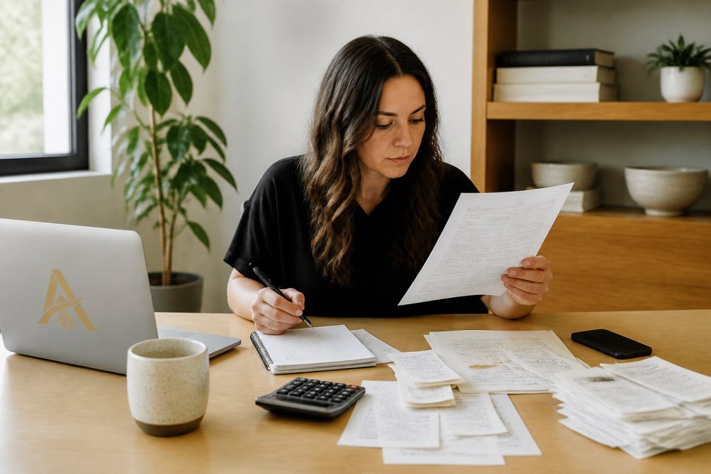 Small business owner reviewing receipts and an expense report for an accountable plan at a sunlit desk