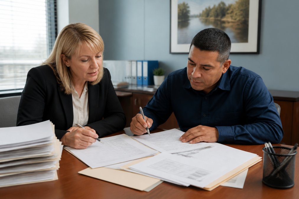 Business owner and accountant reviewing payroll documents and employee records at a desk in a professional office setting