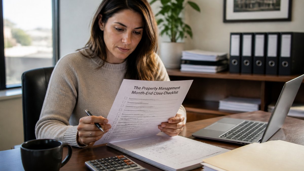 A property manager at a desk reviewing a printed month-end checklist beside a laptop showing accounting software, with a calculator, coffee mug, and organized file folders in a bright office