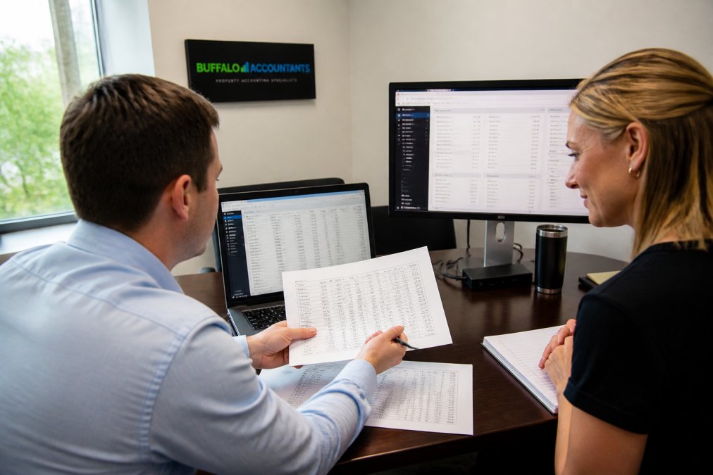 Two property management professionals in a bright office reviewing printed financial statements and a laptop showing property accounting software, with a second monitor displaying a property management dashboard