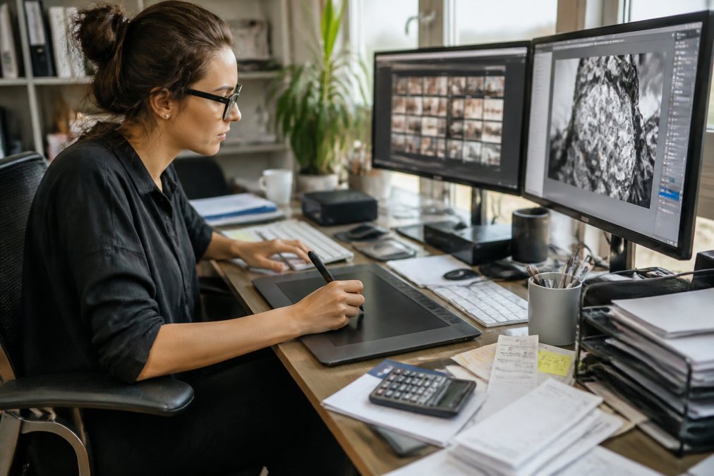 Freelance graphic designer working at home office desk with dual monitors, design tablet, and organized workspace with financial documents, receipts, and calculator visible on the desk
