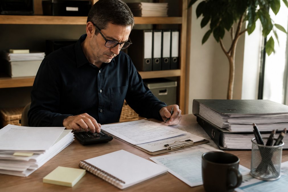 Professional accountant reviewing financial records and business documents at desk with laptop, calculator, organized filing system, and tax forms visible