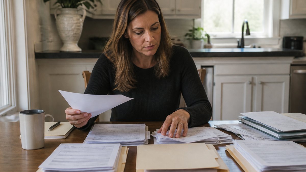 A person at a kitchen table sorting bank statements, tax returns, and financial documents into labeled folders, with a laptop and coffee mug nearby