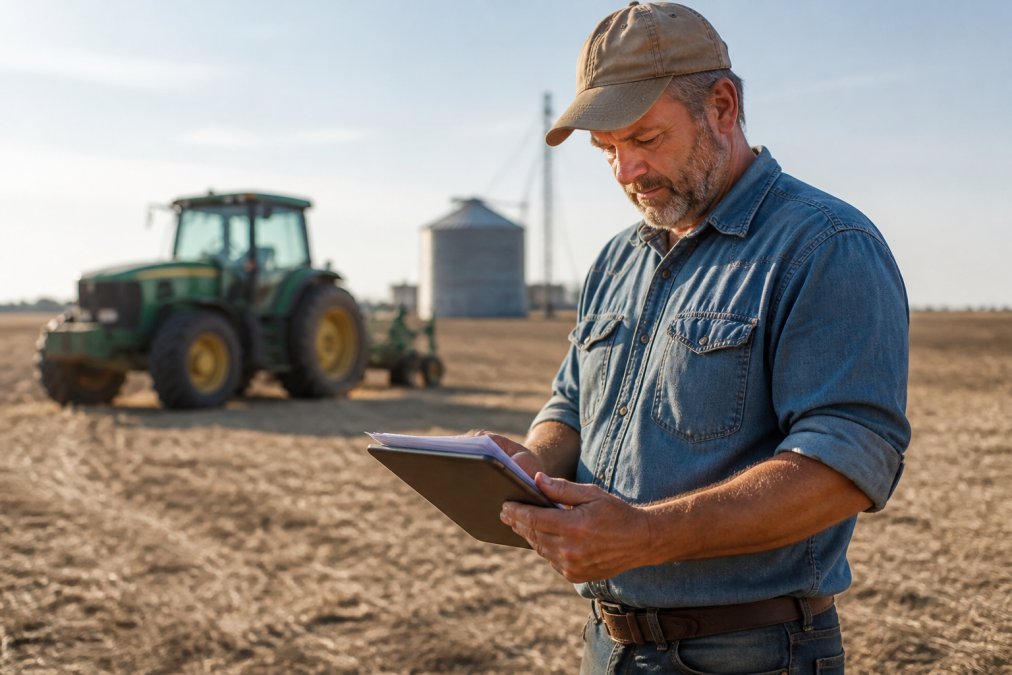 A farmer in a dusty field reviewing financial documents on a tablet, with a tractor and grain silo blurred in the warm afternoon background