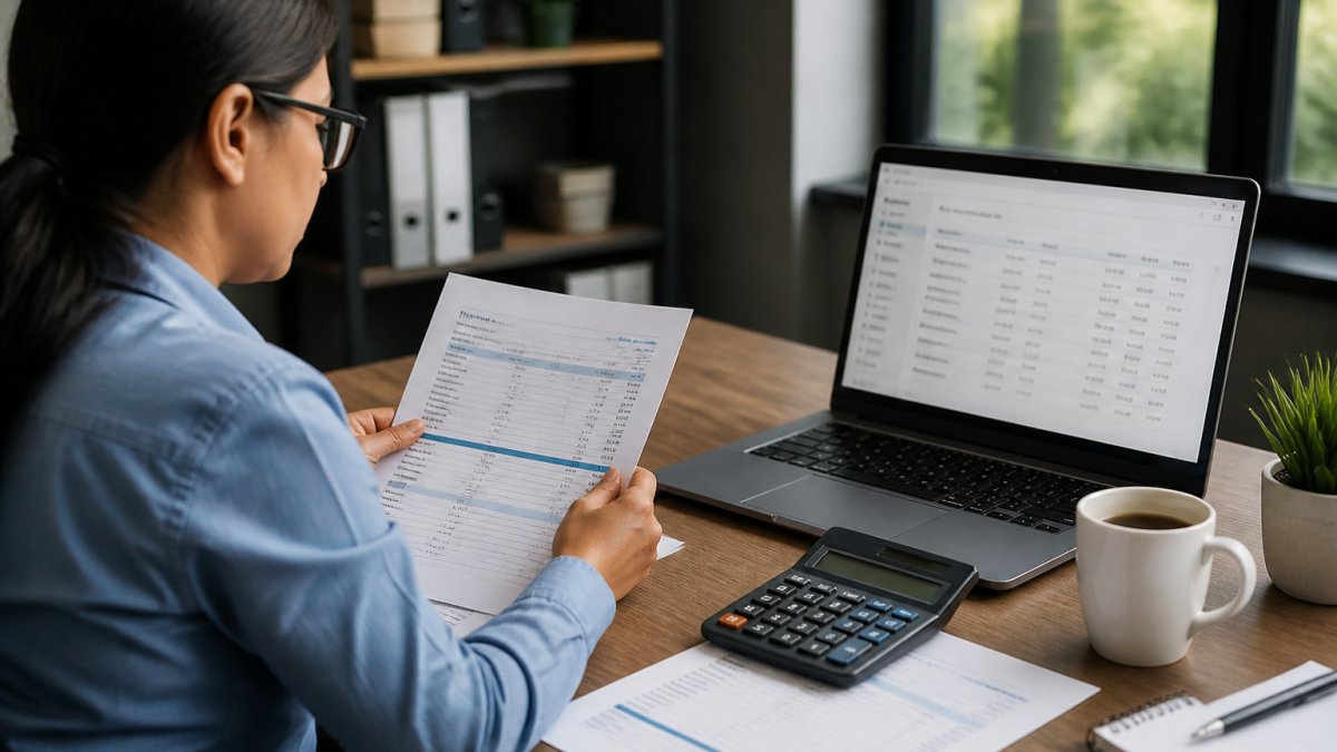 An accountant at a tidy desk reviewing printed financial statements beside a laptop showing bookkeeping software, with a calculator and a coffee cup nearby in a bright office