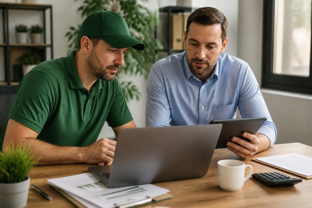 A lawn care business owner and an accountant reviewing financial reports on a laptop and tablet at a desk, with a spreadsheet and coffee mug nearby