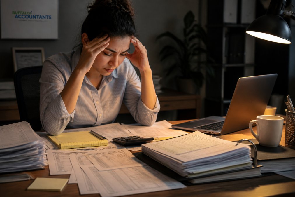 Stressed accountant working late on financial reports, highlighting the pressures of accounting staff turnover.